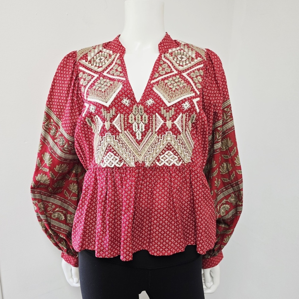 Anthropologie Top Blouse Size 8 Keira Embroidered Peplum Puff Long Sleeve Red